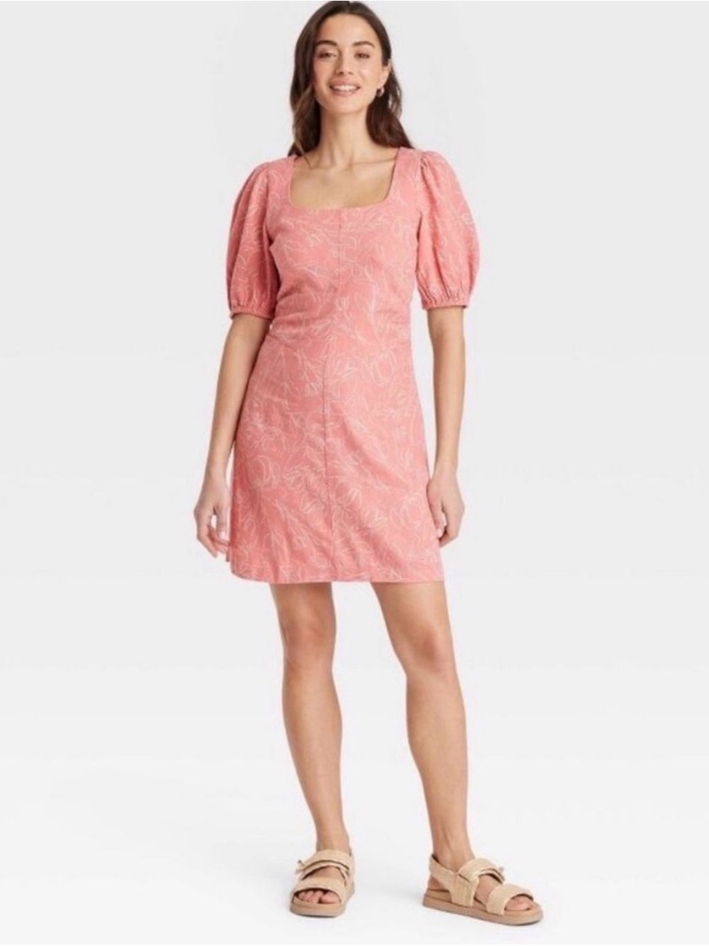 Universal Thread Coral Pink Square-Neck Puff Sleeve Mini Dress